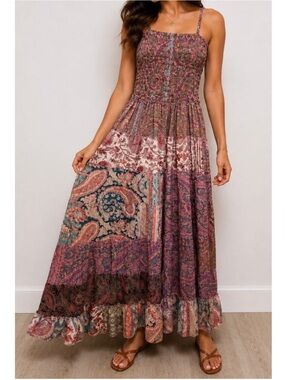 New: POL Smocked Bust Mixed Patchwork Boho Tiered Flowing Maxi Dress• One Size
